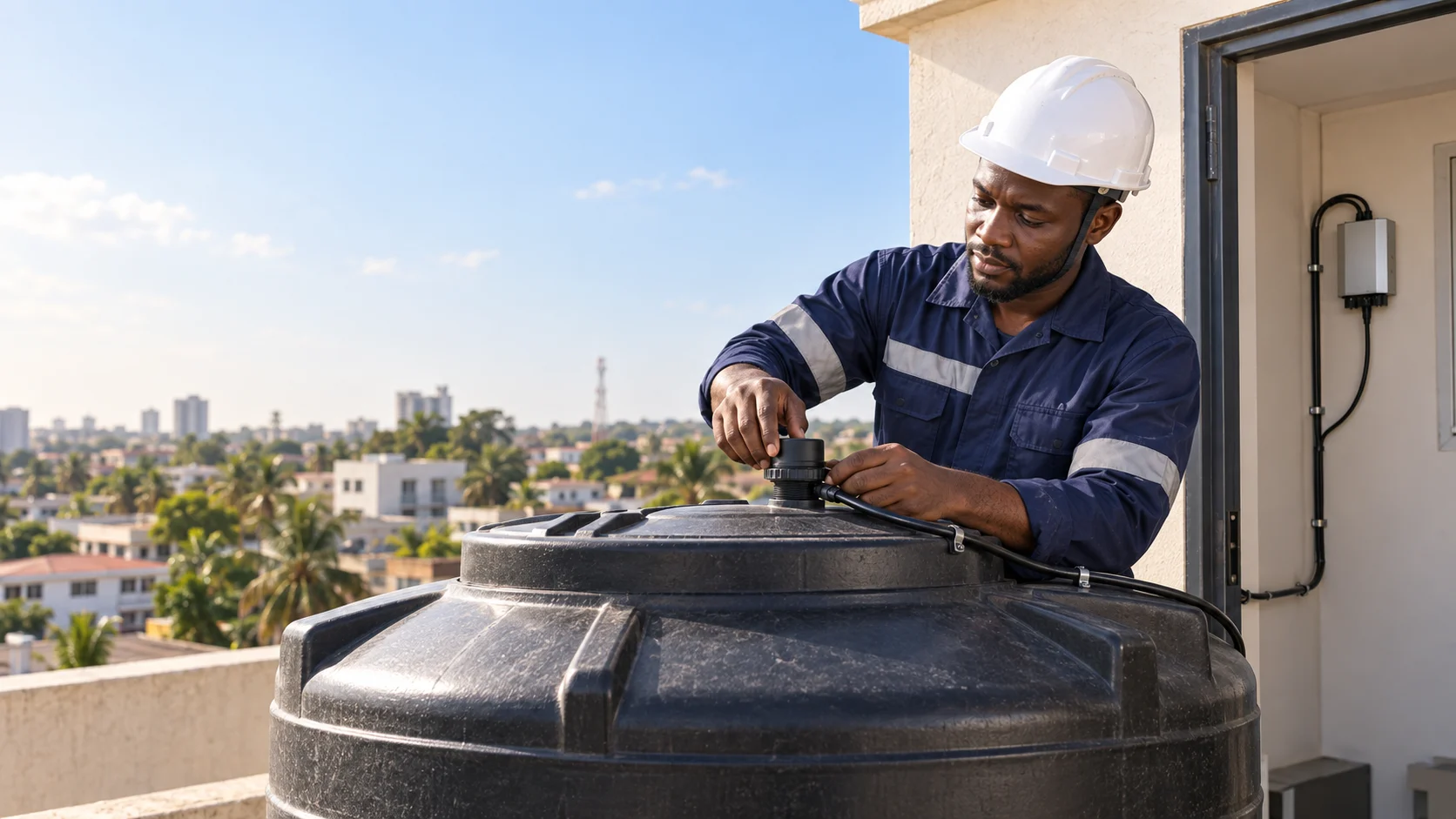 A Watabot technician installing a compact UE3003 sensor on a rooftop tank