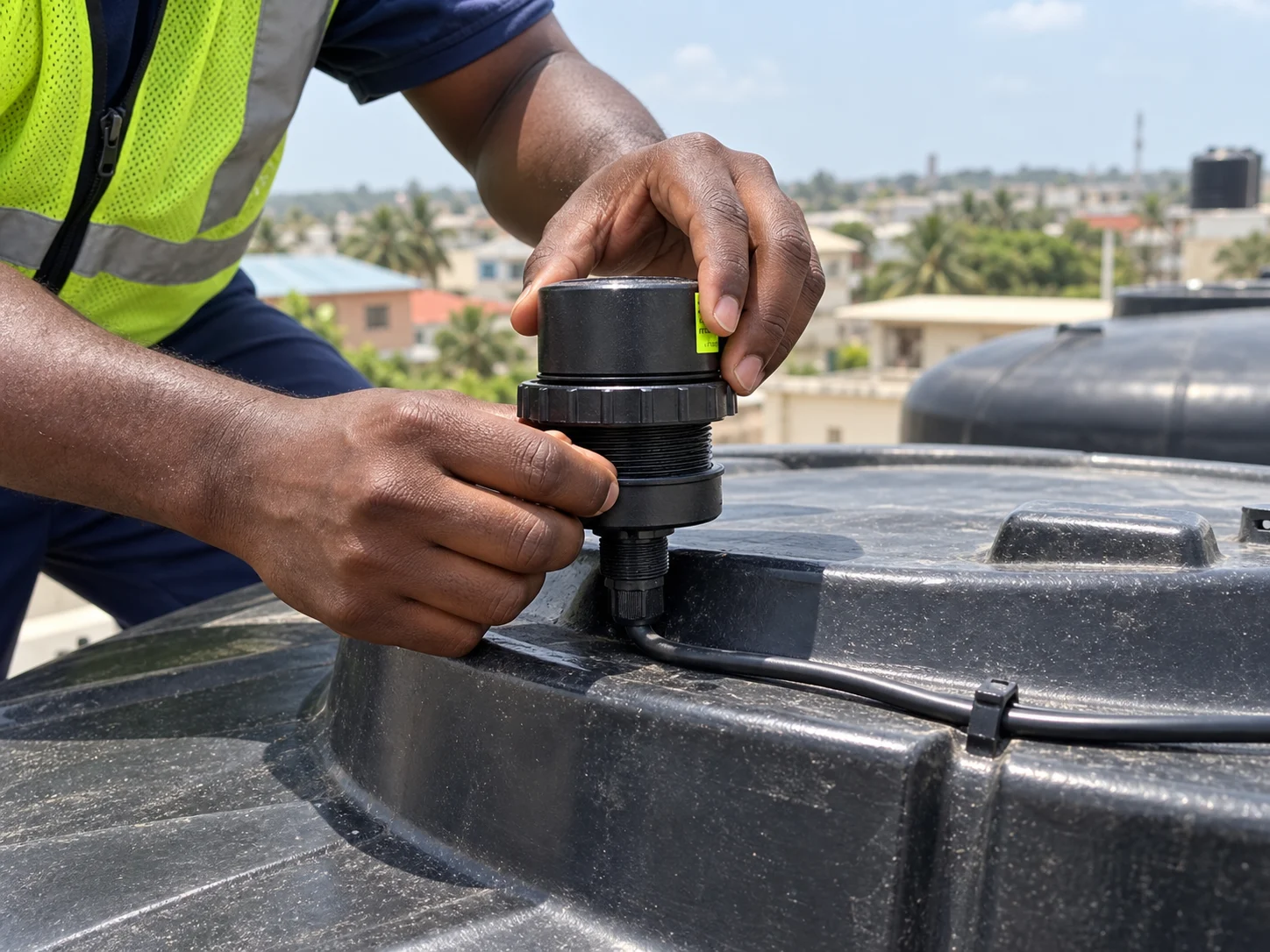 A technician installing a compact black UE3003 sensor on a rooftop water tank