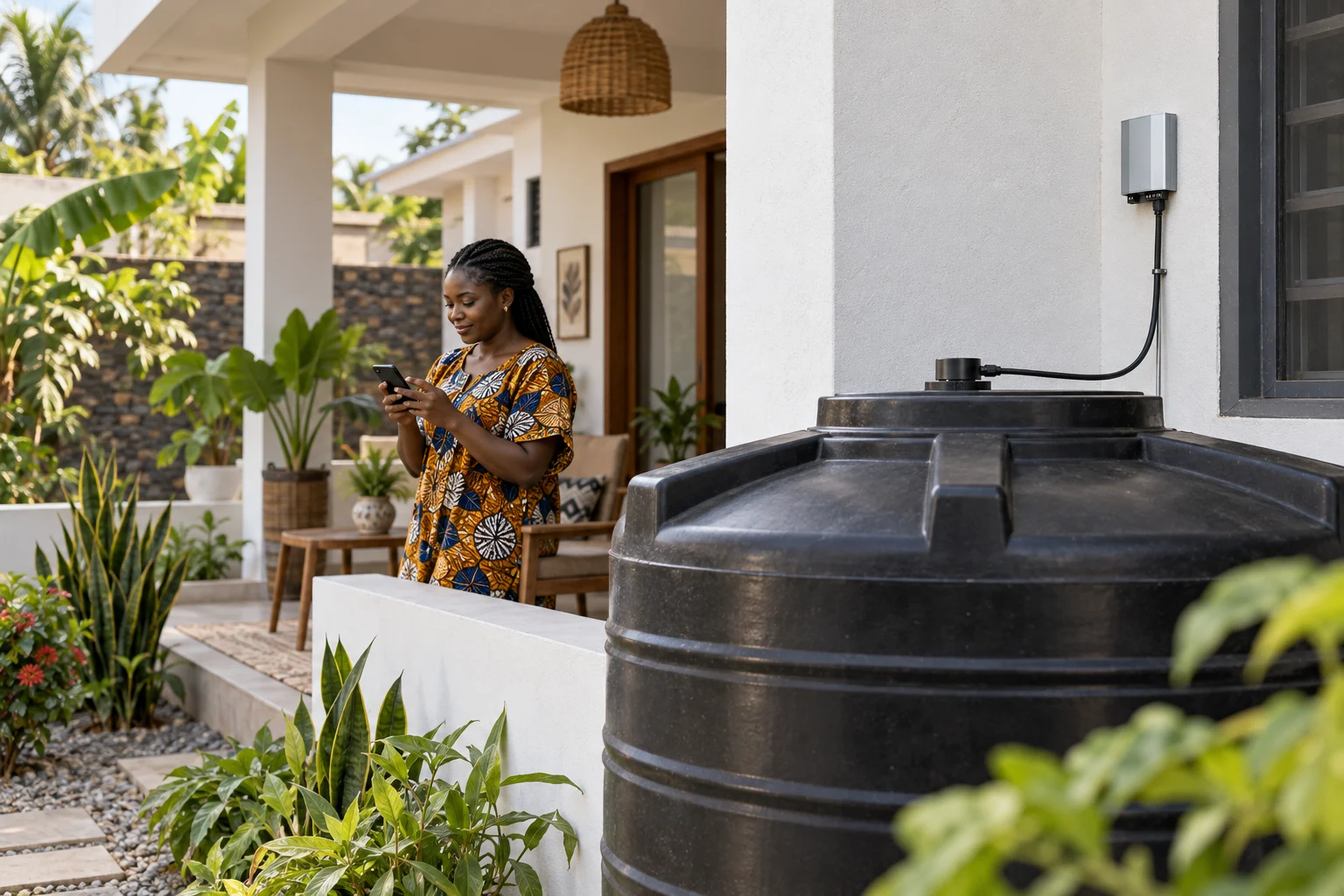 A homeowner checks her phone beside a household water tank with a compact Watabot sensor